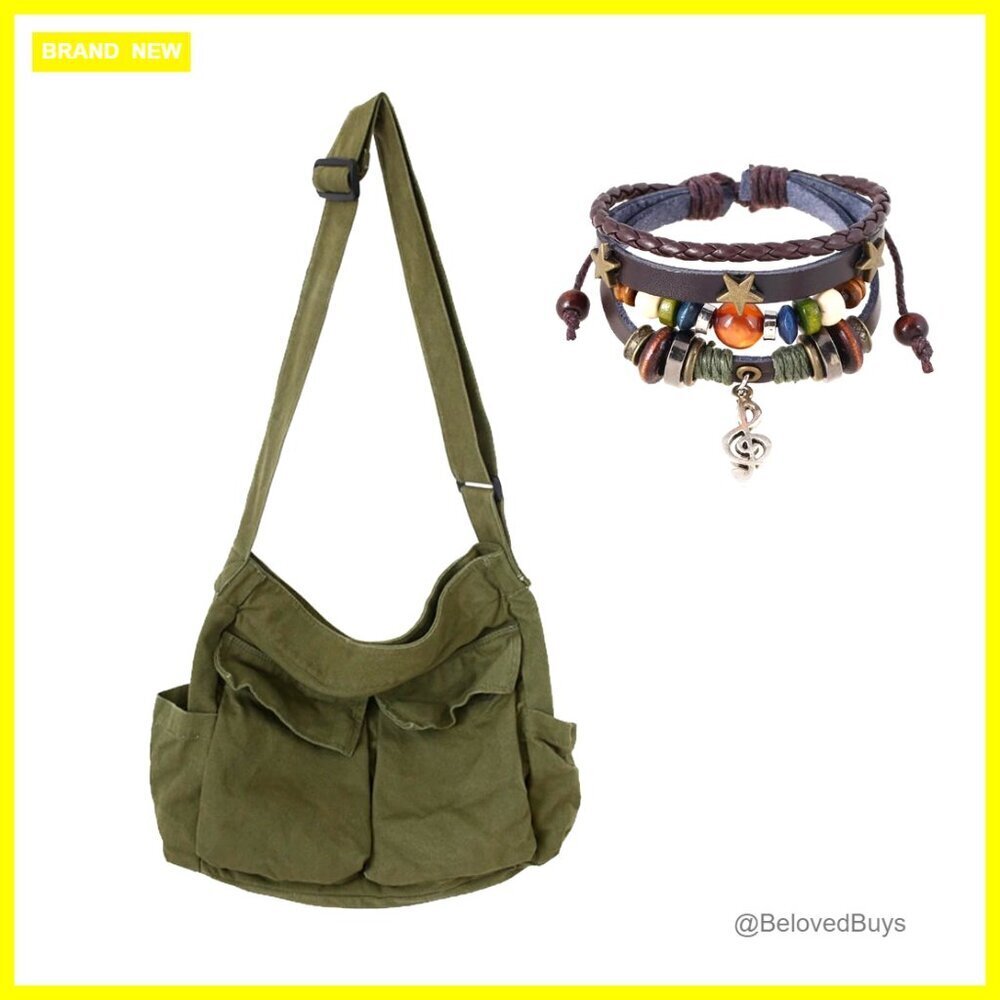 Canvas Messenger Crossbody Bag with Adjustable Strap and 4 Pockets